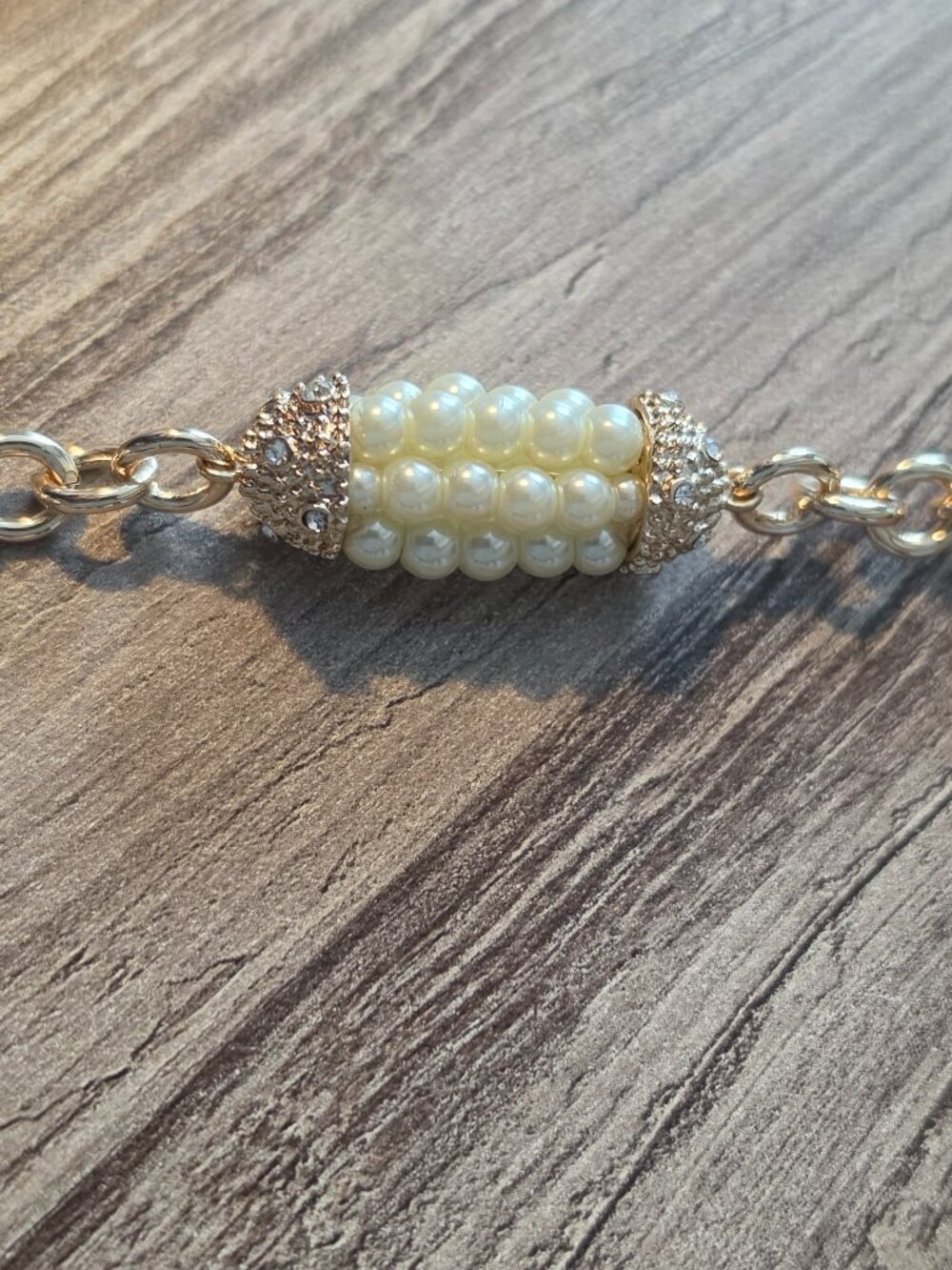 GPK Long Faux Pearl and Rhinestone Gold Necklace